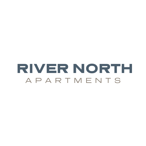 A black background with the words "River North Apartments" written in white.